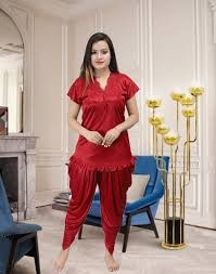 Ready Made Womens Dhuti Pattern Style Satin Night Dress - Maroon